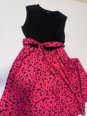 SHEIN Pink Black Polka Dot Midi Dress Medium Sleeveless Belted Retro Pinup